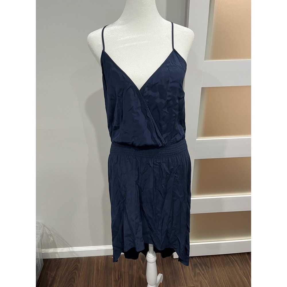 Parker Navy Blue Silk Blend Mesh Back Smocked Waist hi low Midi Dress Size‎ S